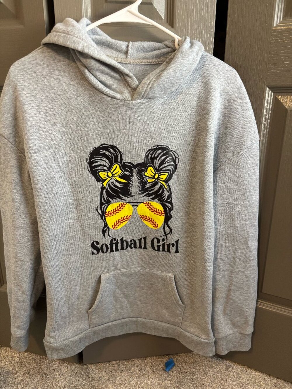 Softball Girl Messy Bun Sunglasses Graphic Hoodie Heather Gray Pullover S